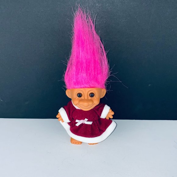 Russ Troll Doll Red White Velvet Holiday Dress Pink Hair Pretend Play Toy Figure - Picture 1 of 3